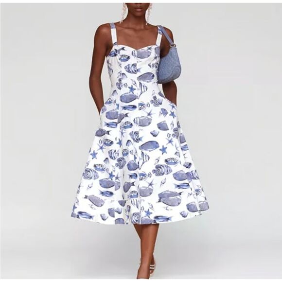 Avec Les Filles Dresses & Skirts - Avec Les Filles Fish Shells Print Corset Dress Womens 8 Blue White Resort Travel